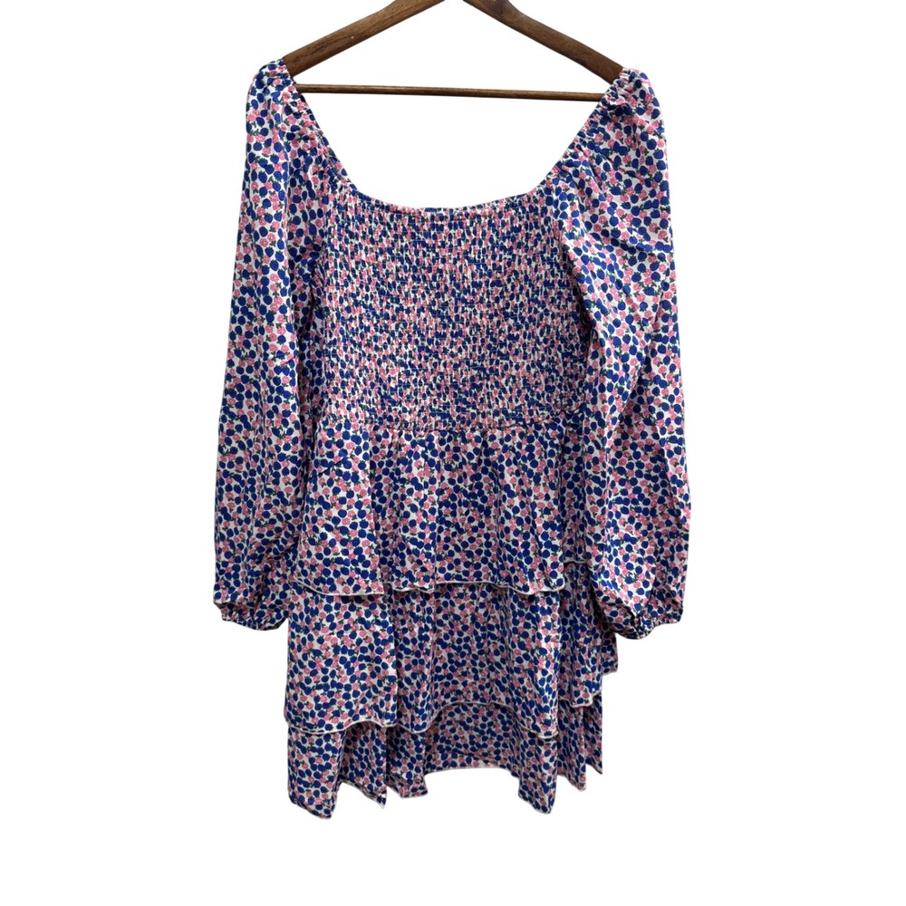 BTFBM Floral‎ Mini Dress Womens Large Blue Pink NWT Smocked Tiered Ruffle Boho
